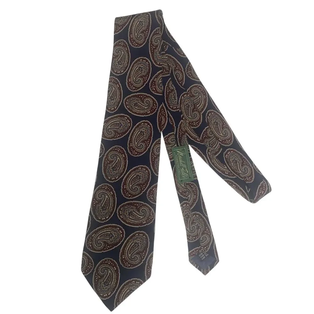 Marshall Fields Vintage Pure Silk Navy Paisley Tie Made In The USA 58”x3.5”